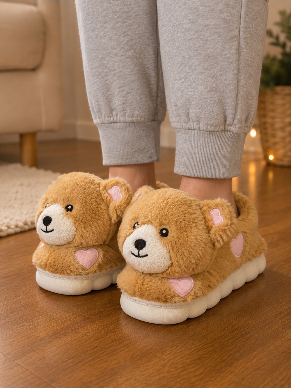 Bear Plush Slip-On Slippers in Light Brown with Pink Hearts NEW